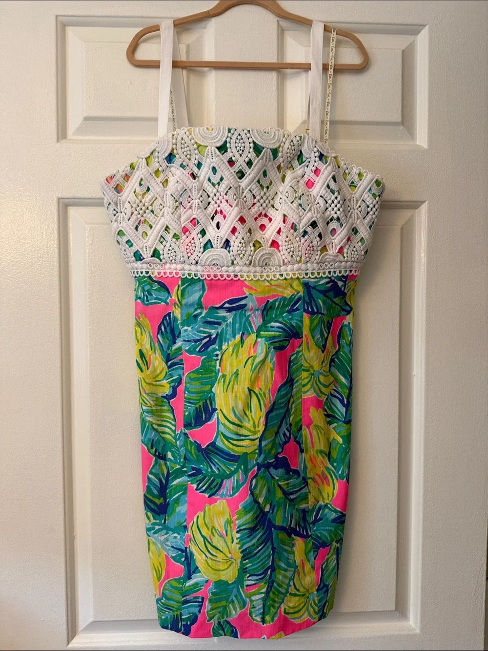Lilly Pulitzer White Crochet & Pink Tropical Leaf Sundress - Picture 1 of 7